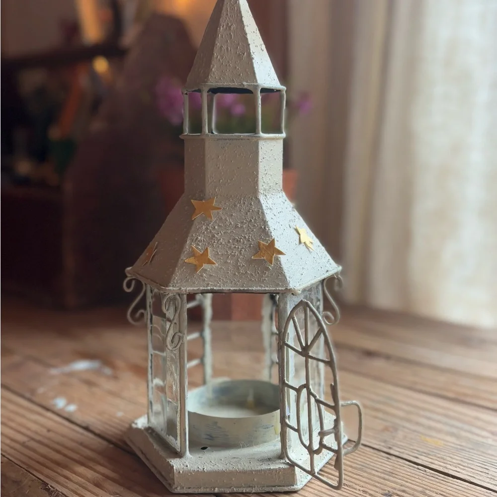 Handcrafted Cream Tea Light Lantern with Star Accents